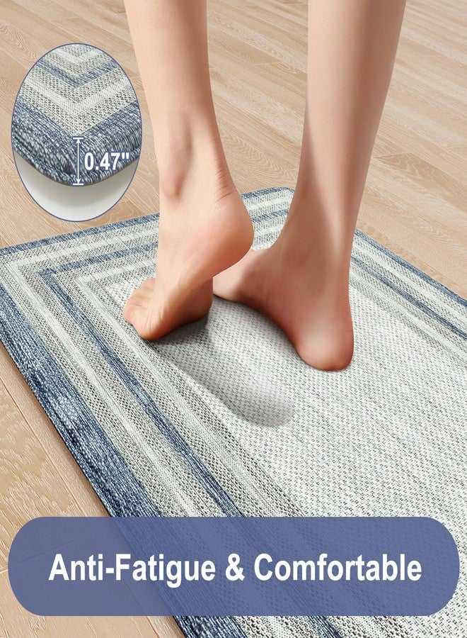 KIMODE طقم سجاد مطبخ كيمود المضاد للإجهاد (قطعتان)، سجاد مطبخ مقاوم للماء وغير قابل للانزلاق، سجادة مطبخ ريفية للأرضيات، سجادة إسفنجية مريحة مبطنة للوقوف، مناسبة للغسيل والمكتب والحوض والمكتب، باللونين الأزرق والرمادي. - Image 2